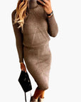 Women's brown ribbed knit two-piece set turtleneck top and midi skirt co-ord