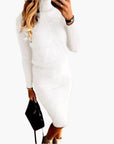 Women's brown ribbed knit two-piece set turtleneck top and midi skirt co-ord