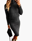 Women's brown ribbed knit two-piece set turtleneck top and midi skirt co-ord