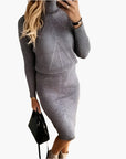 Women's brown ribbed knit two-piece set turtleneck sweater and midi skirt
