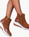 Women's orthopedic wedge ankle boots in beige with side zip fastening