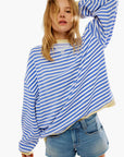 Women's oversized striped knit jumper in sky blue, relaxed fit, cosy winter knitwear
