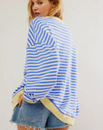 Women's oversized striped knit jumper in sky blue, relaxed fit, cosy winter knitwear