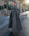 women's grey oversized long double-breasted trench coat