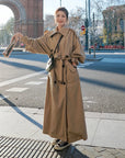 women's grey oversized long double-breasted trench coat
