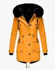 women's gold tailored winter parka with faux fur trimmed hood