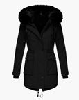 women's gold tailored winter parka with faux fur trimmed hood