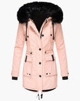 women's gold tailored winter parka with faux fur trimmed hood