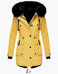 women's gold tailored winter parka with faux fur trimmed hood