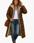 women's black long hooded quilted coat with teddy lining