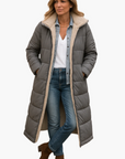 women's long hooded quilted coat with teddy lining for winter