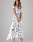 Woman wearing a floral dress on a gray background