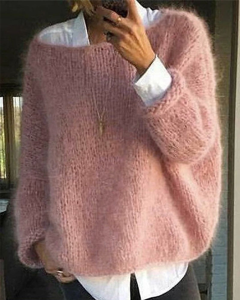 Women's knit jumper in pink, long sleeve comfortable fit, soft winter knitwear for women