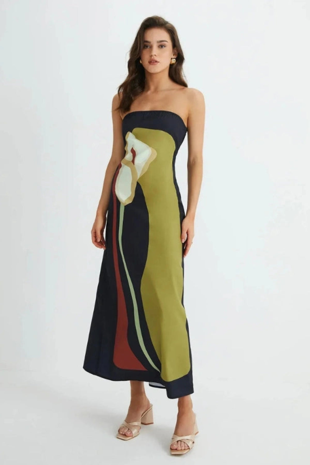 Abstract Calla Lily Maxi Dress With Strapless Neckline 0
