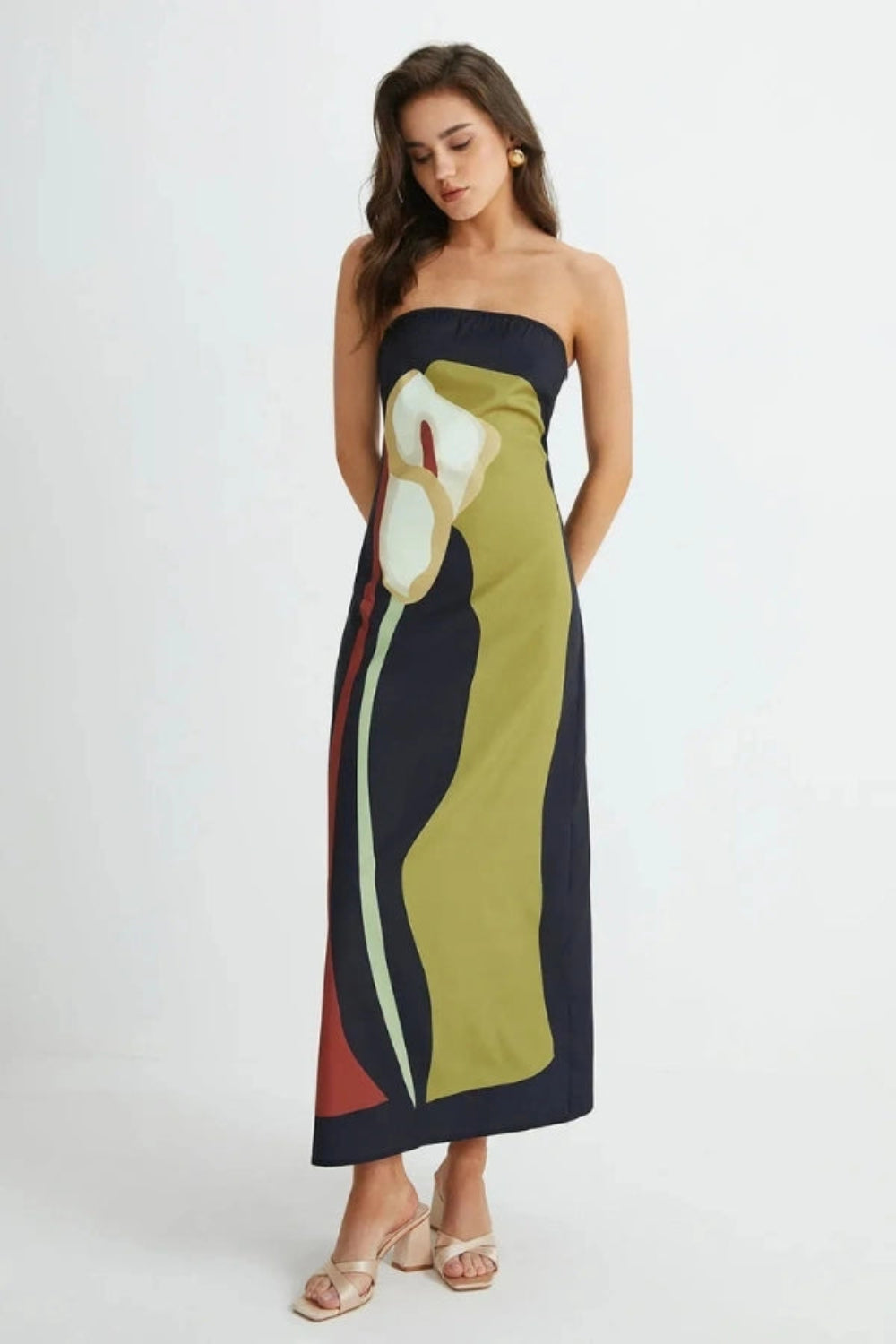 Abstract Calla Lily Maxi Dress With Strapless Neckline 2