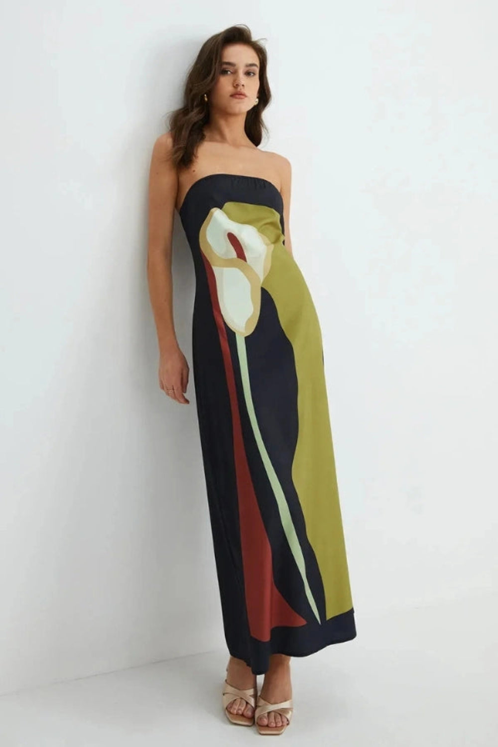 Abstract Calla Lily Maxi Dress With Strapless Neckline 3