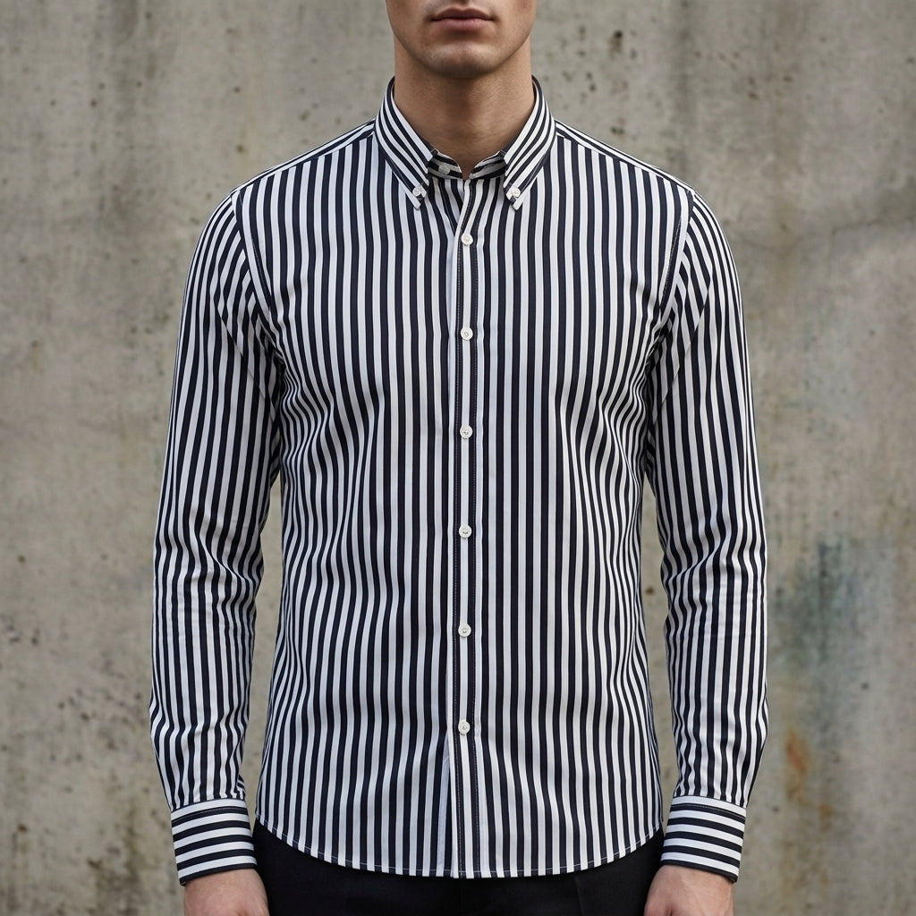 Men's white &amp; black stripe striped button-up shirt