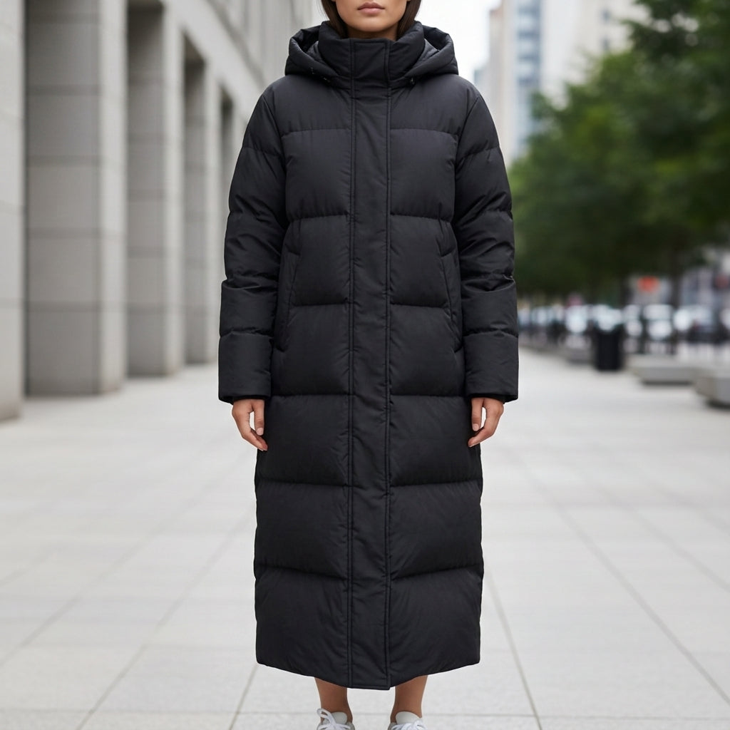 Women's black long quilted puffer parka