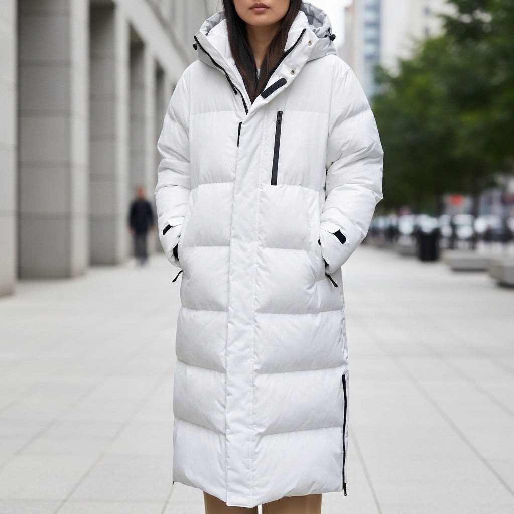 Women's black long quilted puffer parka