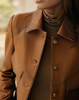 Women's brown leather jacket with collar and front pockets