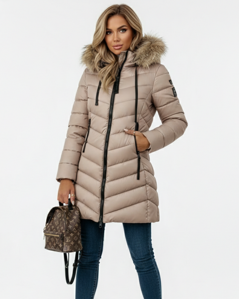 Women's puffer jacket hood chevron quilted faux fur collar in beige