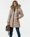 Women's puffer jacket hood chevron quilted faux fur collar in beige