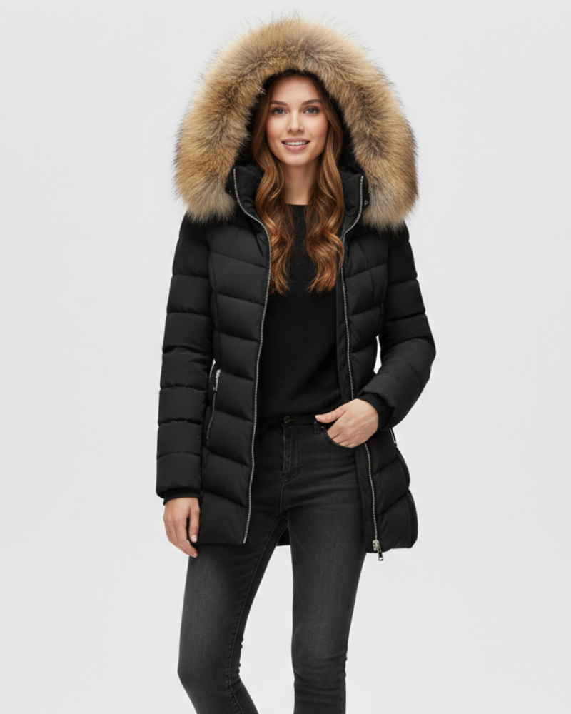 Women's puffer jacket hood chevron quilted faux fur collar in beige