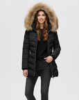 Women's puffer jacket hood chevron quilted faux fur collar in beige
