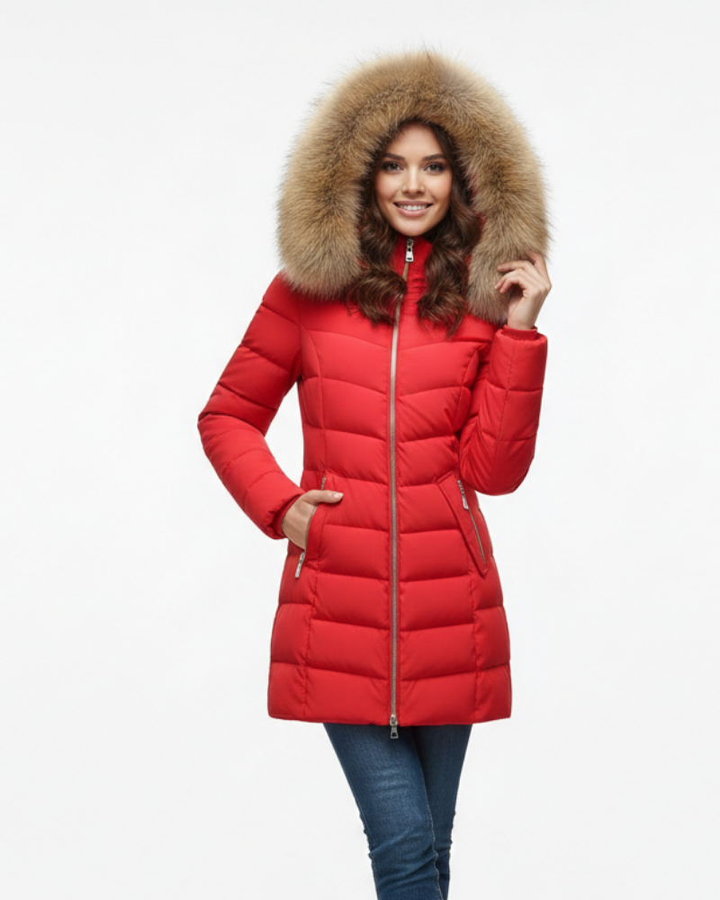 Women's puffer jacket hood chevron quilted faux fur collar in beige