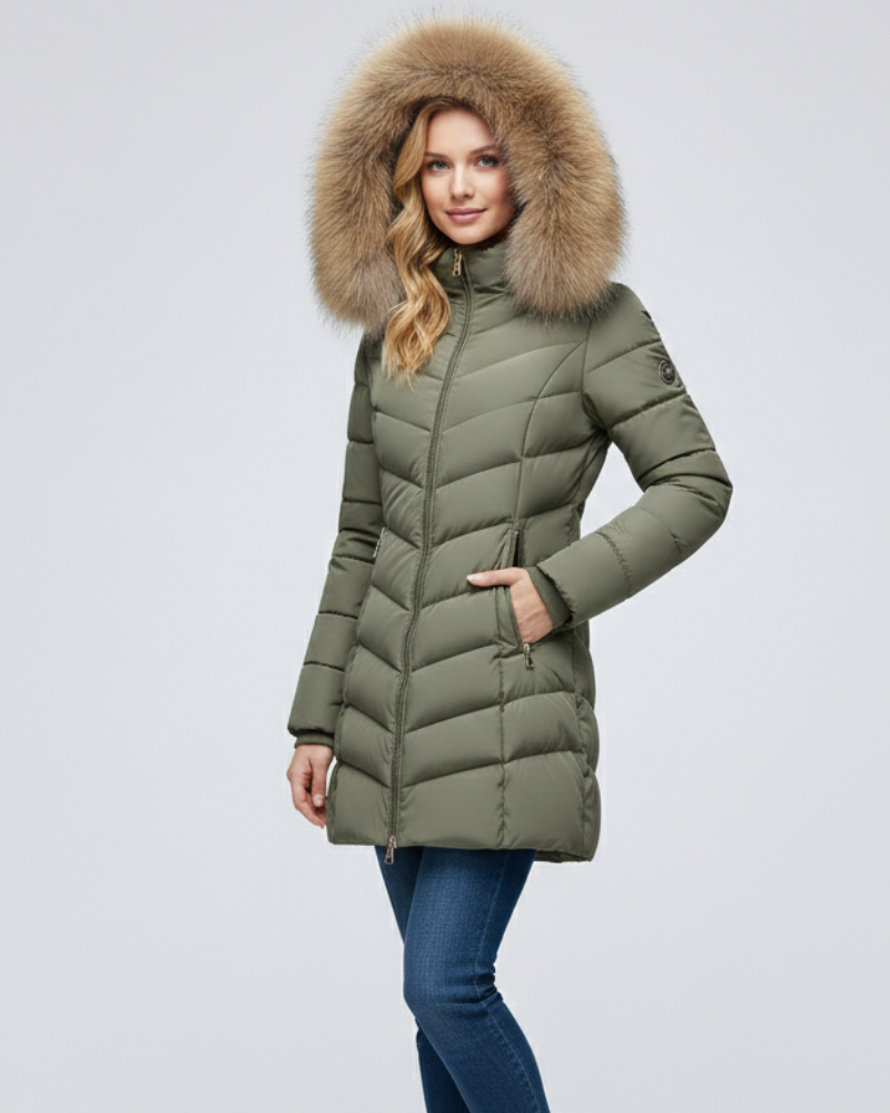 Women's puffer jacket hood chevron quilted faux fur collar in beige