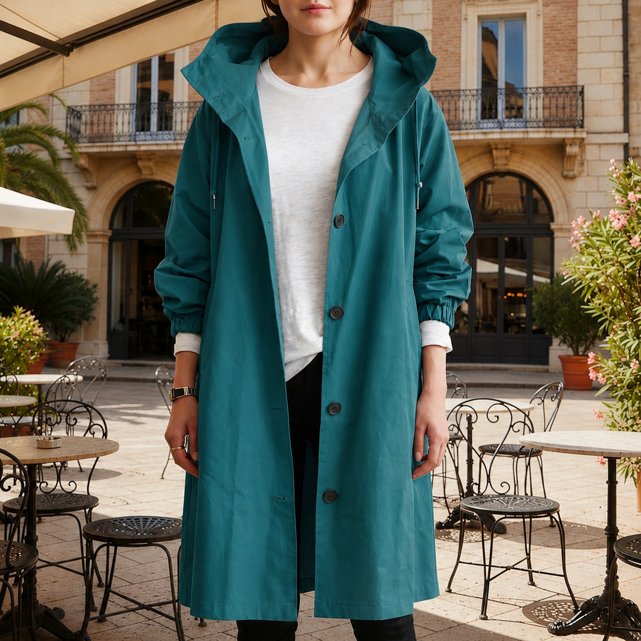 Women's silver mist hooded waterproof trench coat