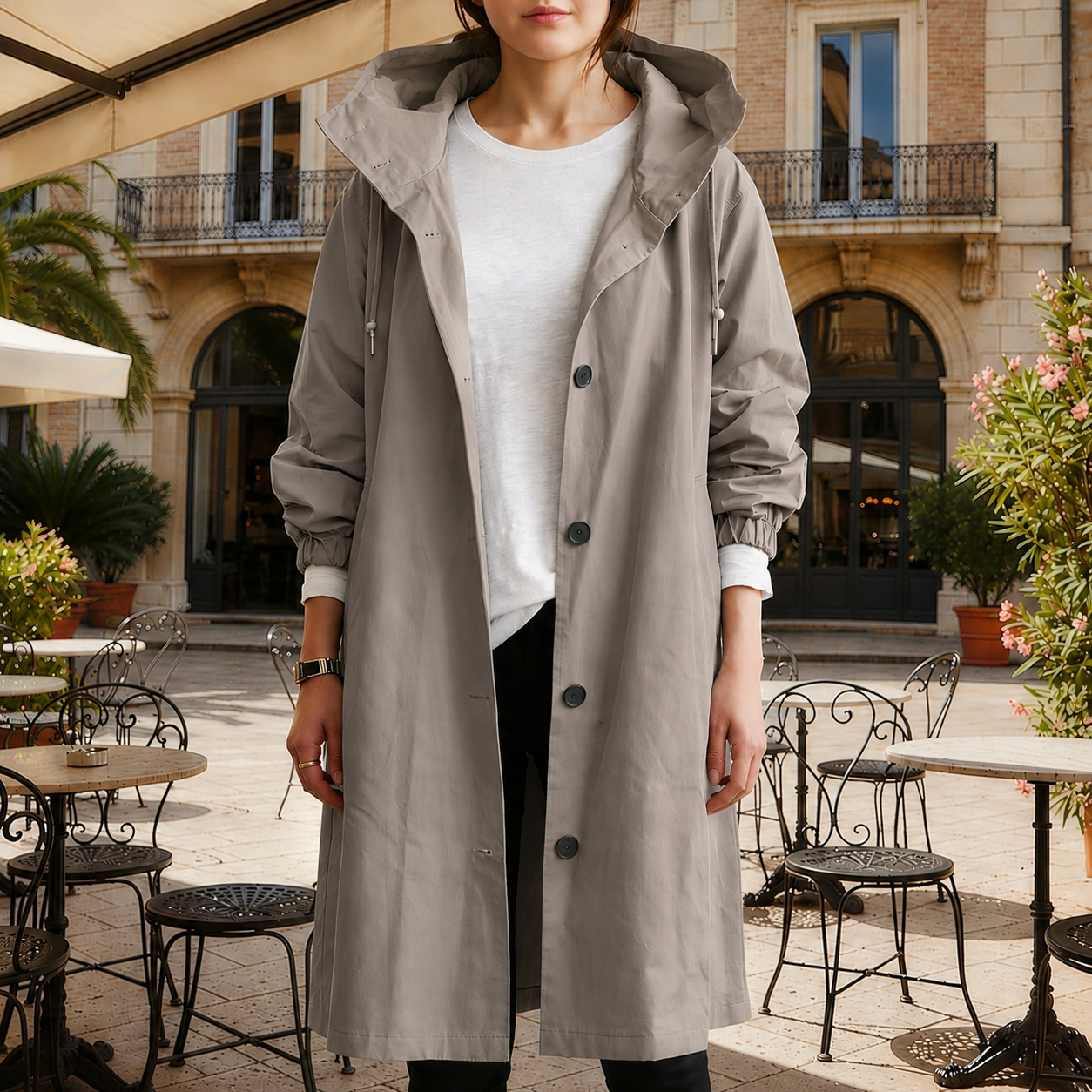 Women's silver mist hooded waterproof trench coat