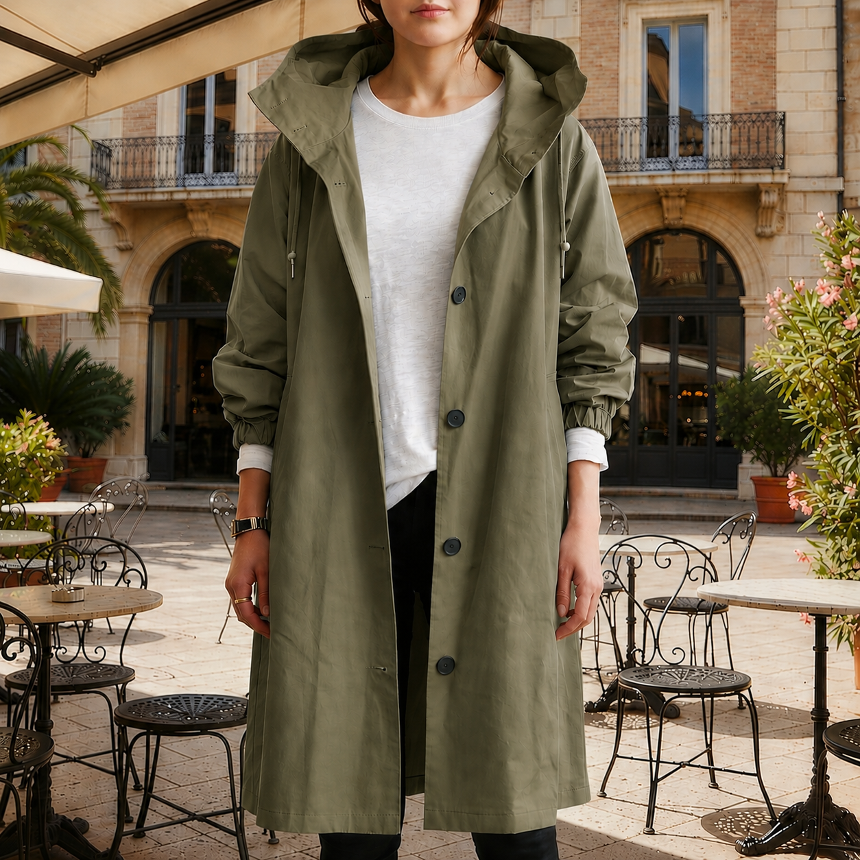 Women's silver mist hooded waterproof trench coat