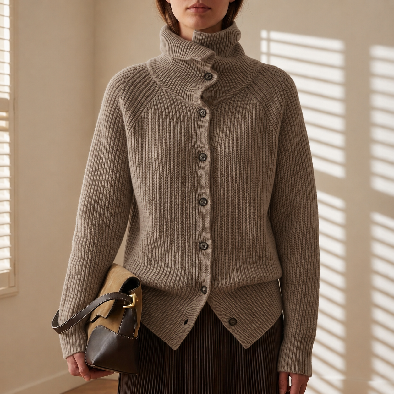 Women's taupe open front knit cardigan