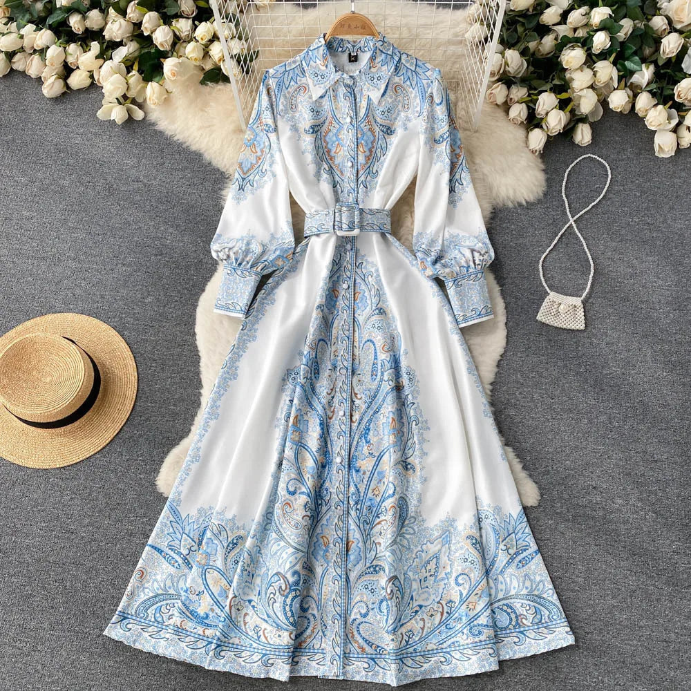 Women’s blue women's printed a-line dress belt