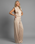 Women’s light brown women's satin jumpsuit wide leg open back