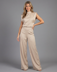 Women’s light brown women's satin jumpsuit wide leg open back