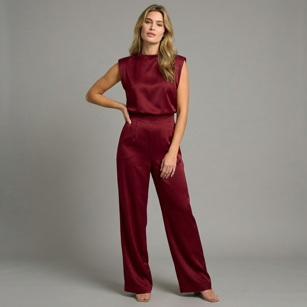 Women’s light brown women's satin jumpsuit wide leg open back