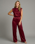 Women’s light brown women's satin jumpsuit wide leg open back