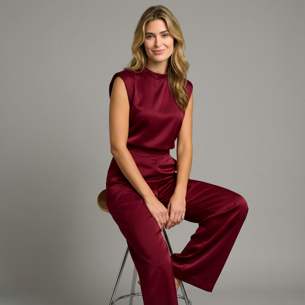 Women’s light brown women's satin jumpsuit wide leg open back