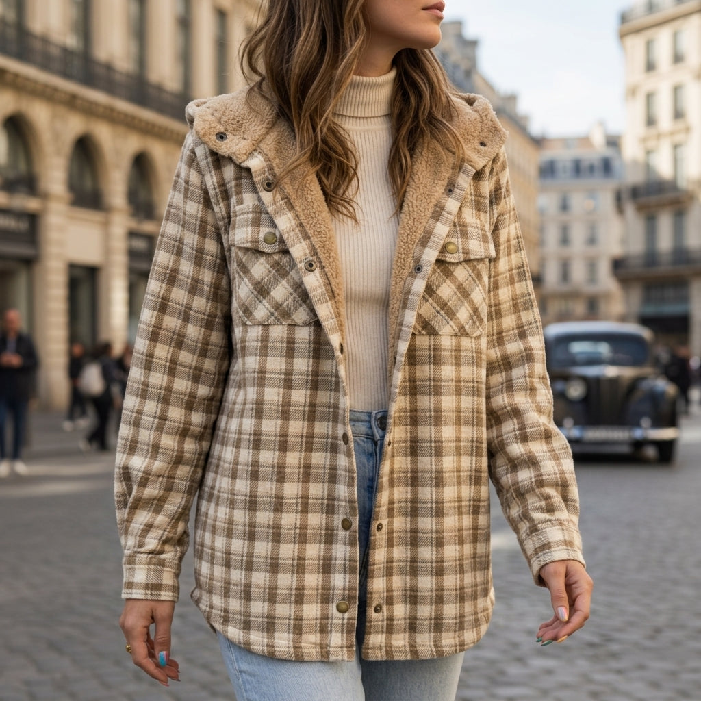 Women's sandstone plaid hooded plaid shirt jacket