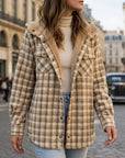 Women's sandstone plaid hooded plaid shirt jacket