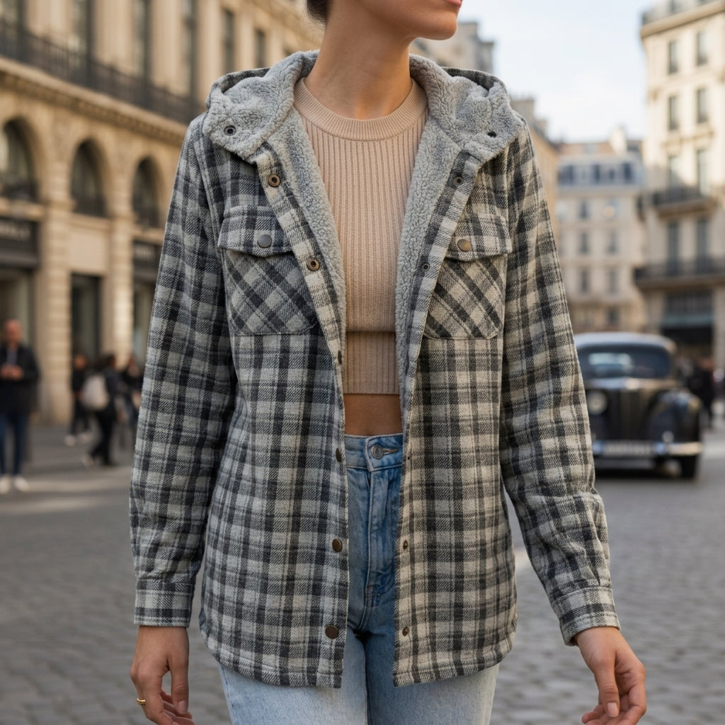 Women's sandstone plaid hooded plaid shirt jacket