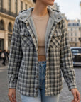 Women's sandstone plaid hooded plaid shirt jacket