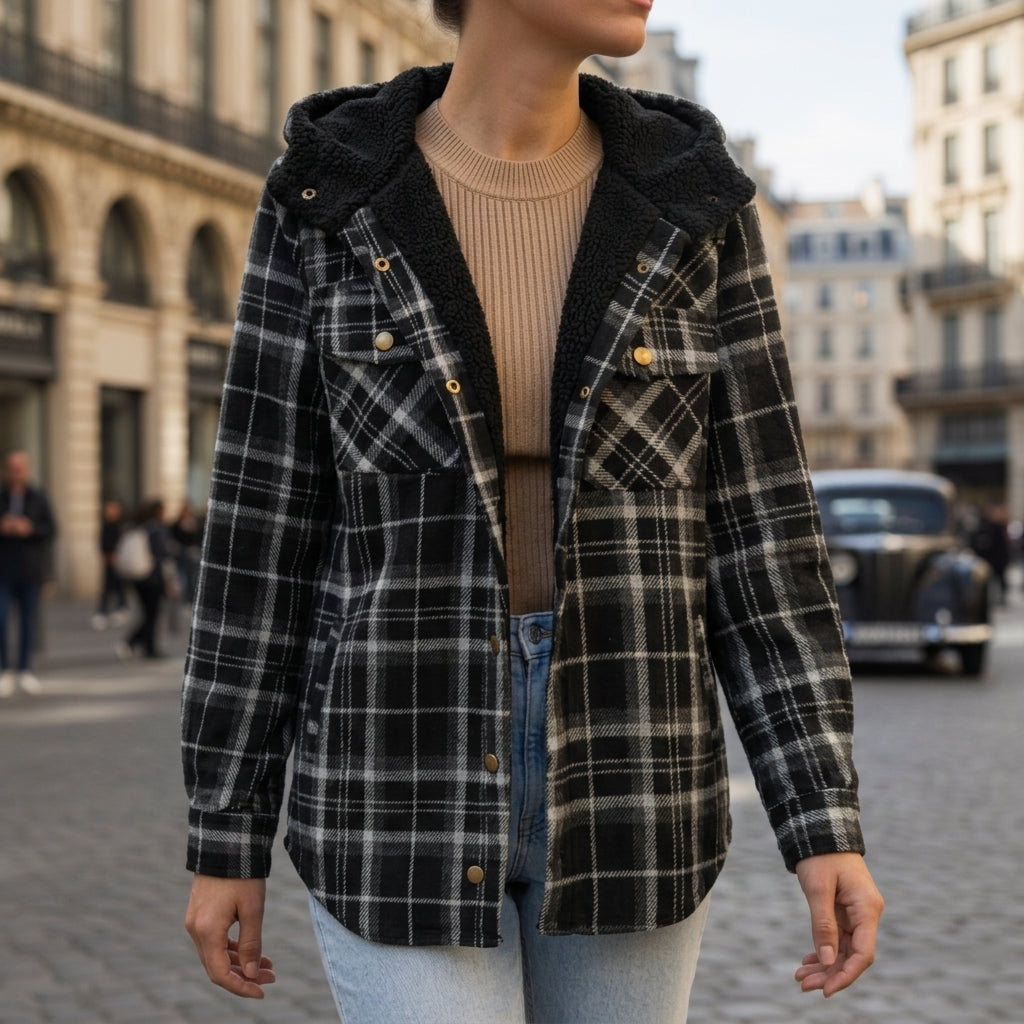 Women's sandstone plaid hooded plaid shirt jacket
