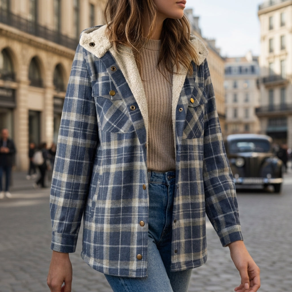 Women's sandstone plaid hooded plaid shirt jacket