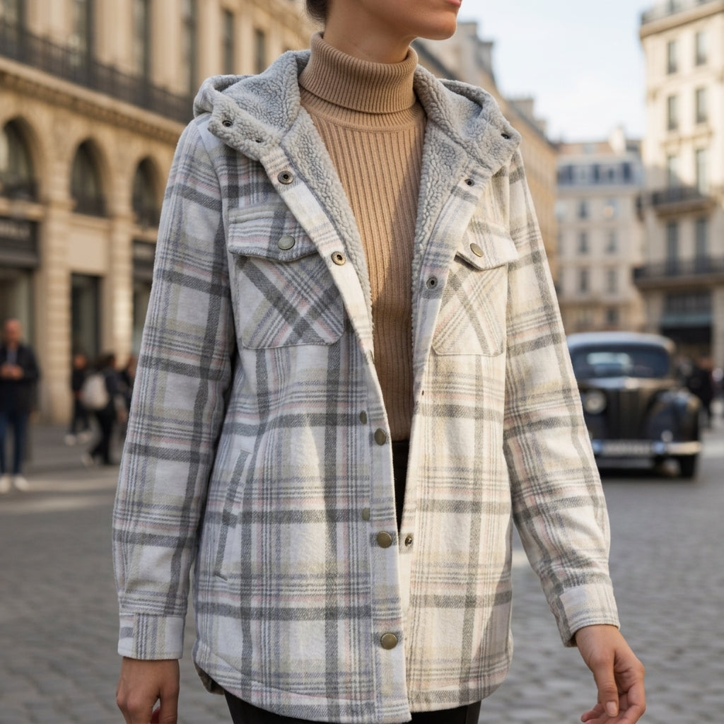 Women's sandstone plaid hooded plaid shirt jacket