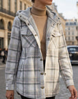 Women's sandstone plaid hooded plaid shirt jacket