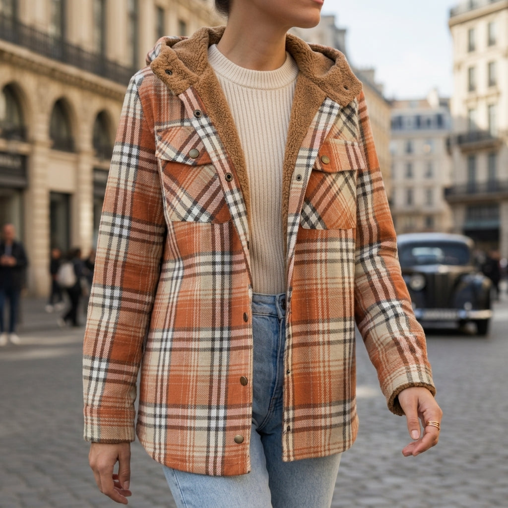 Women's sandstone plaid hooded plaid shirt jacket