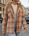 Women's sandstone plaid hooded plaid shirt jacket